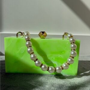Marbled Neon Green Acrylic bag with crossbody chain and pearl handle